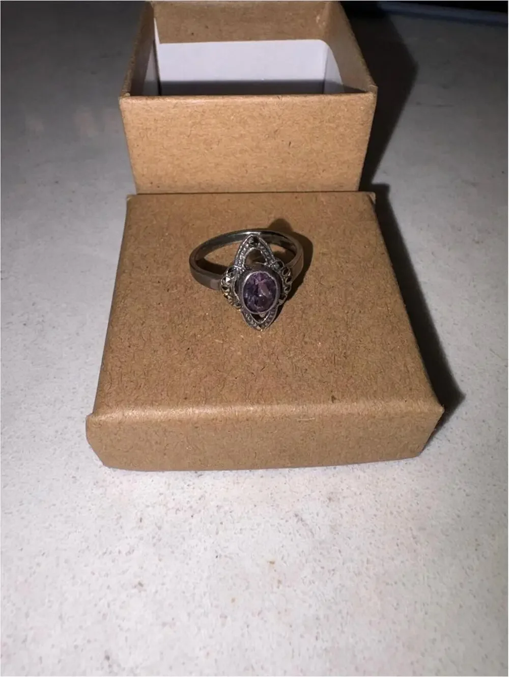 Vintage Sterling Silver Purple Gemstone Marcasite Ring - Size 6.5